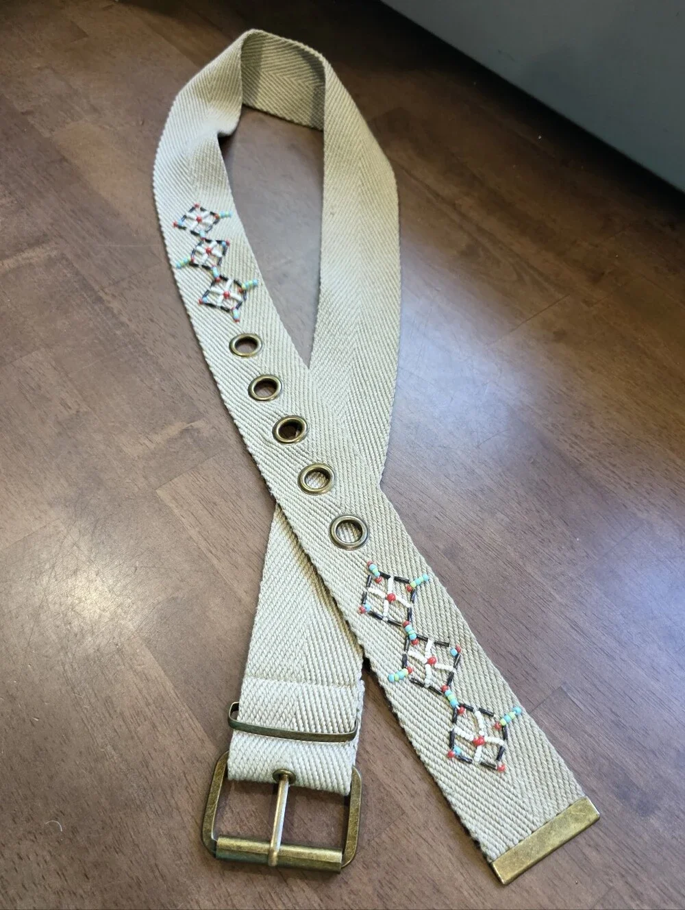Embroidered Ivory Woven Belt with Brass Hardware Size 13